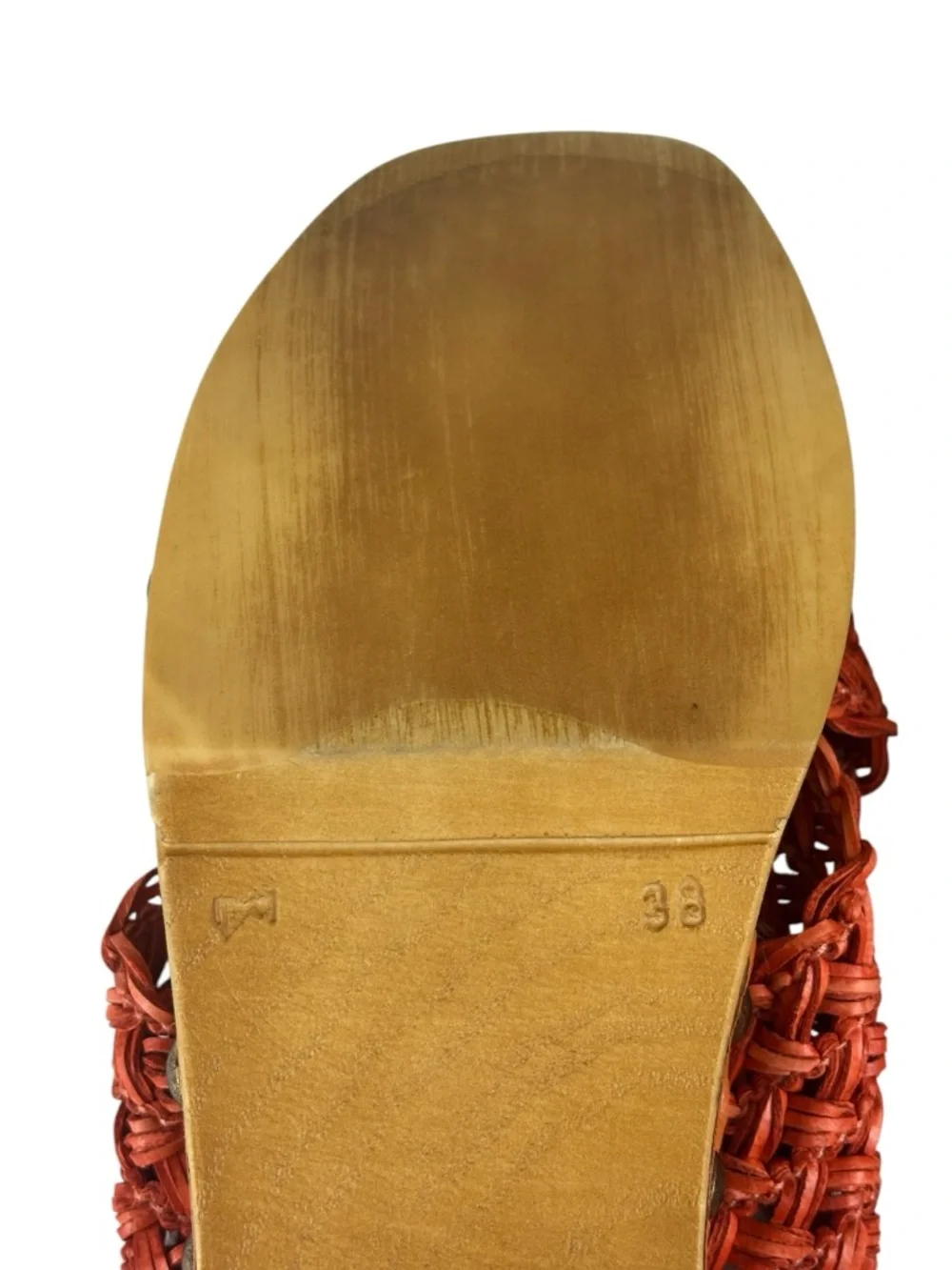 CHOCOLAT BLU DAWN ORANGE RAFFIA WOVEN STUDDED WOOD PLATFORM SLIDE SANDAL